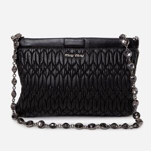 Miu Miu Black Nappa Matelasse Crystal Chain Clutch